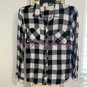 ✨Faded Glory Buffalo Check Flannel Shirt XL Black White Western Button Top✨‎